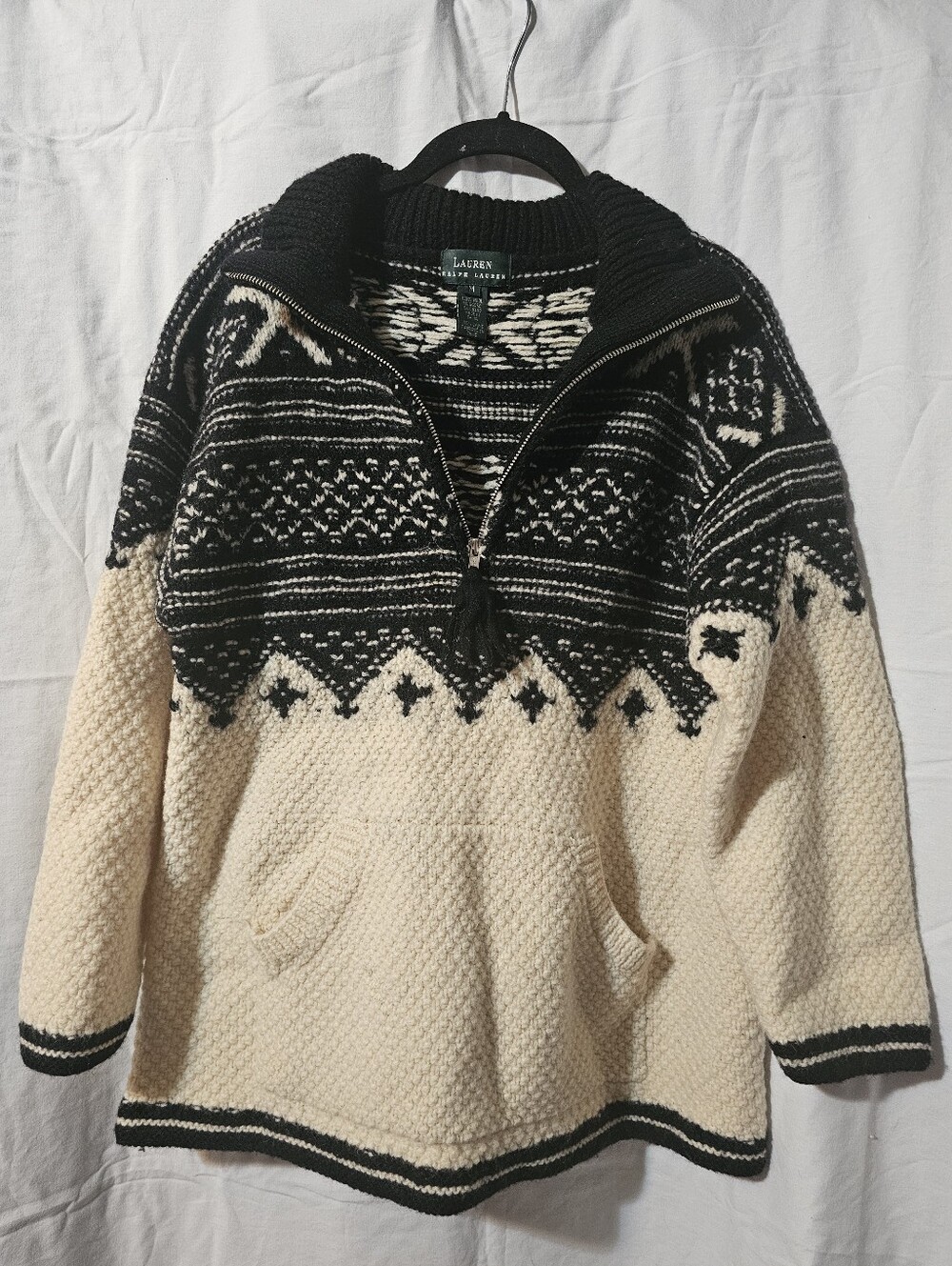 Lauren Ralph Lauren Black and Cream Zip-Up Nordic Knit Sweater